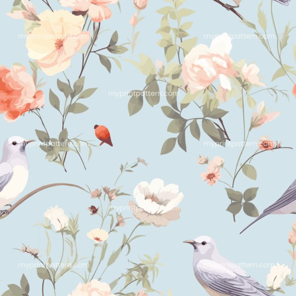 Delightful floral pattern of birds and flowers in pastel colors