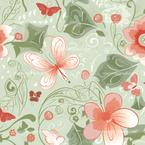 Astonishing floral pattern with flowers and butterflies over green background